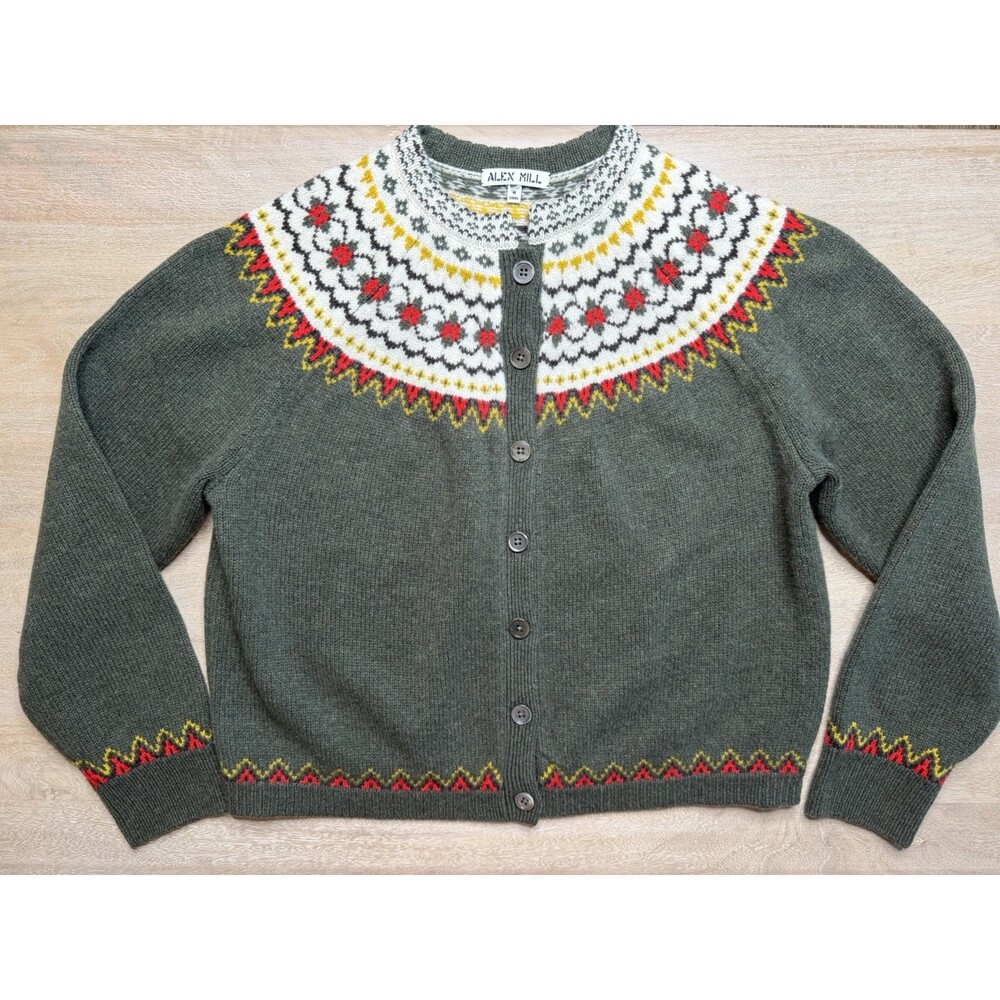 Alex Mill Hilde Fair Isle Cardigan Sweater in Thyme Multi Green Size Medium - Picture 3 of 8